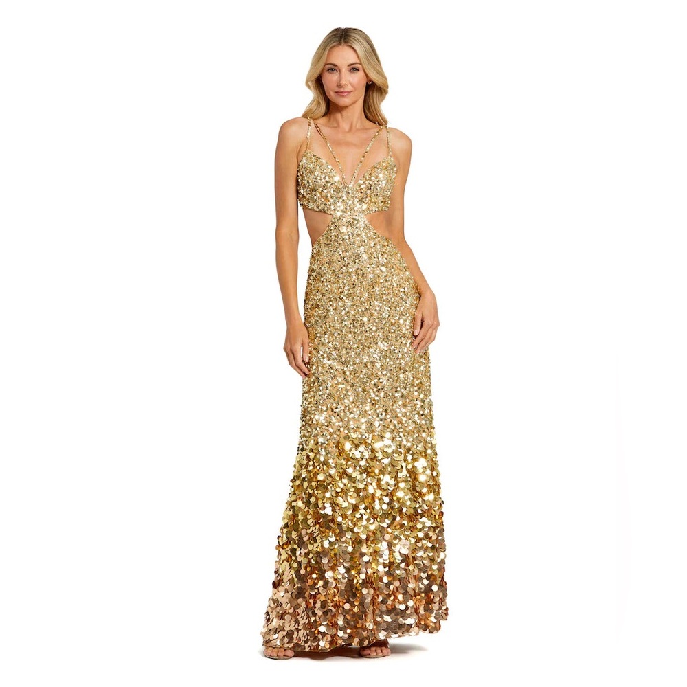 MAC DUGGAL - THIN STRAP CUT OUT GOWN WITH OMBRE SEQUINS